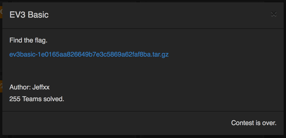 Screenshot of a CTFd challenge called EV3 Basic with a TAR archive to download.