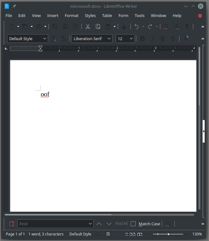 Screenshot of open Word document spelling “oof”
