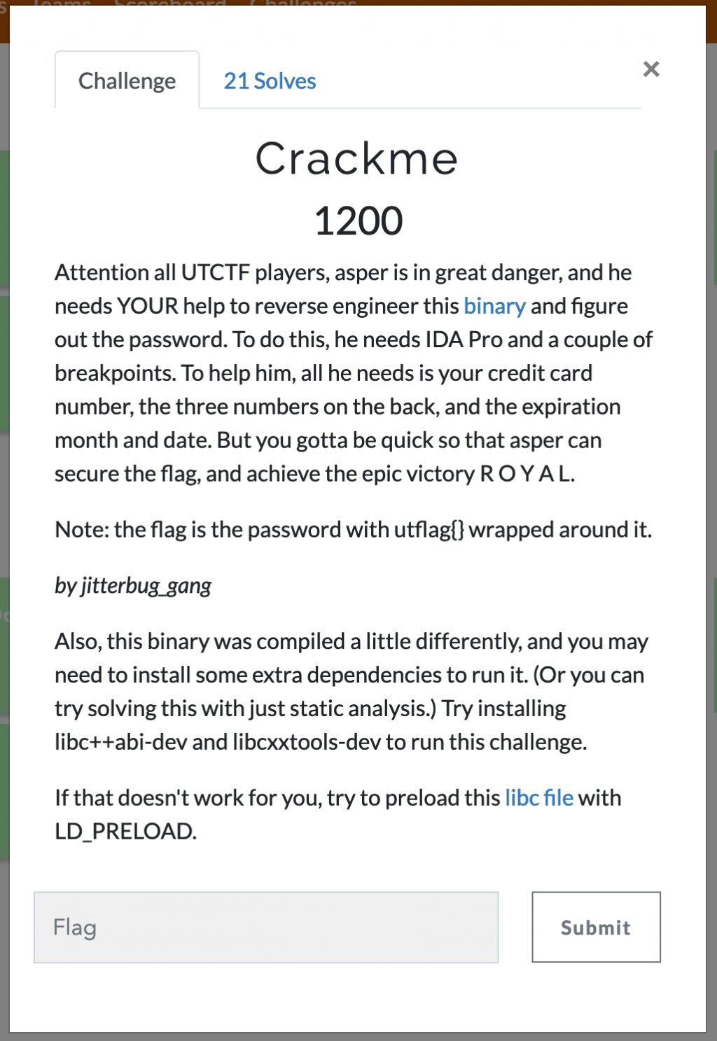 Screenshot of UTCTF’s CTFd for the Crackme challenge